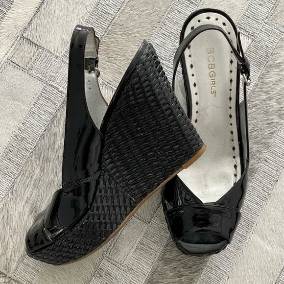 BCBG Black Patent Wedge Sandals - Picture 2 of 5